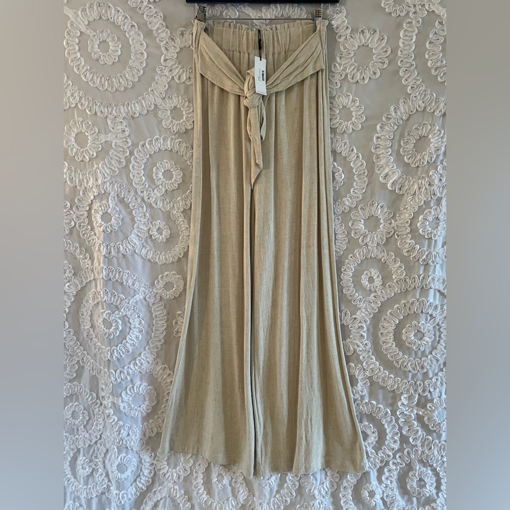 Kylie Paige Beige Wide-Leg Pants with Tie Waist linen Bella trouser